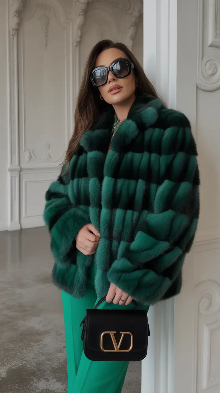 Fashion Cozy Outfit for Winter 2025 2026 Emerald Faux Fur with Matching Trousers