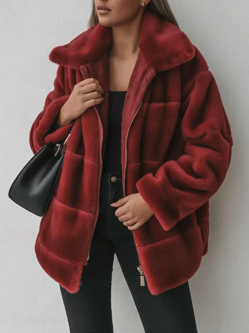 Fashion Cozy Outfit for Winter 2025 2026 Cherry Red Faux Fur with Black Denim