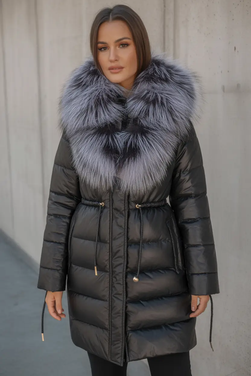 Fashion Cozy Outfit for Winter 2025 2026 Black Belted Puffer with Silver Fur Collar