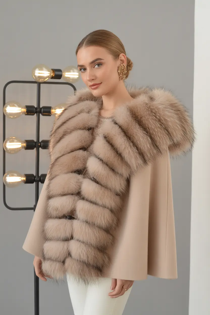 Fashion Cozy Outfit for Winter 2025 2026 Beige Cape with Fur Trim