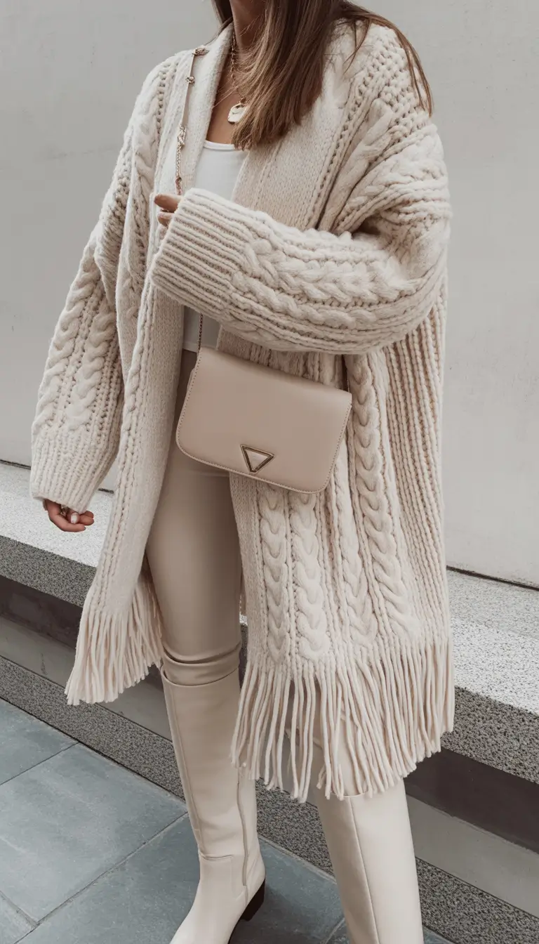 Fashion Cozy Outfit for Winter 2025 2026 Cream Knit Set with Fringe Cardigan