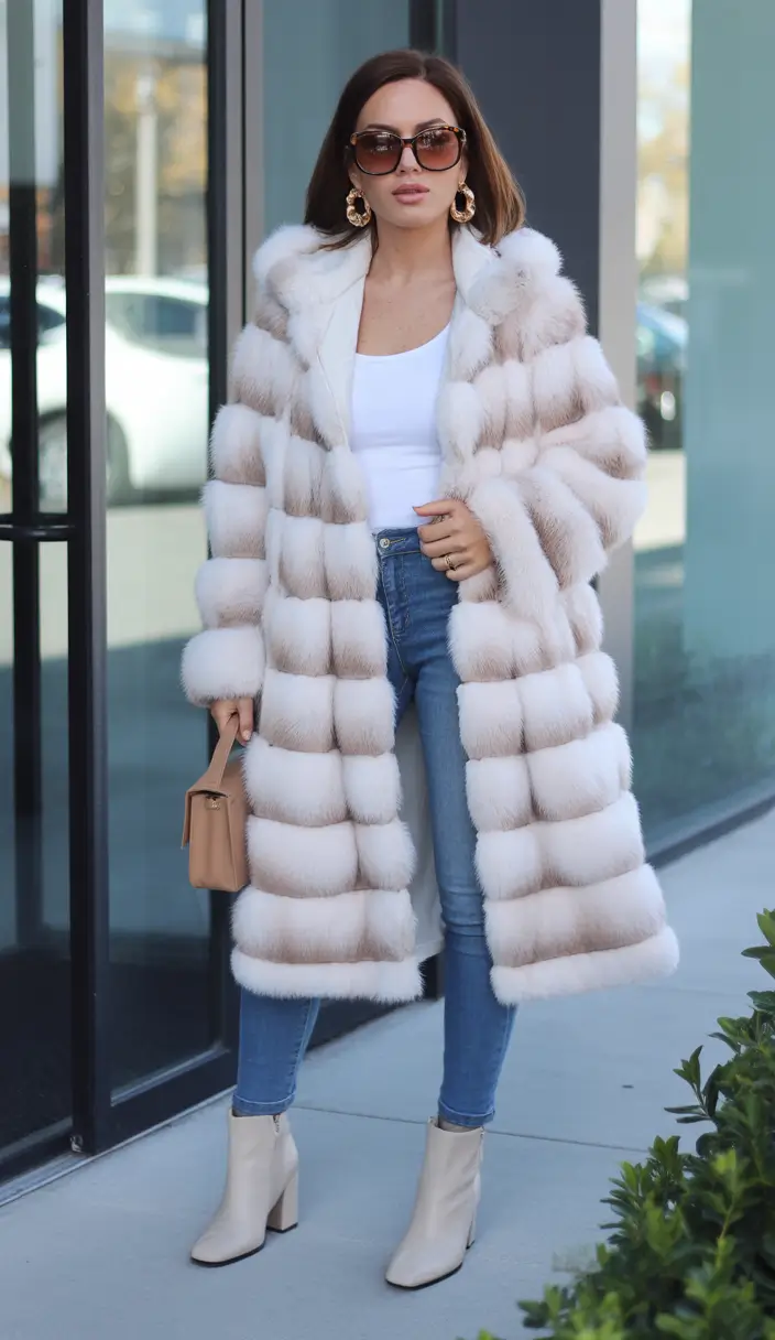 Fashion Cozy Outfit for Winter 2025 2026 Maxi White Fur Coat with Denim
