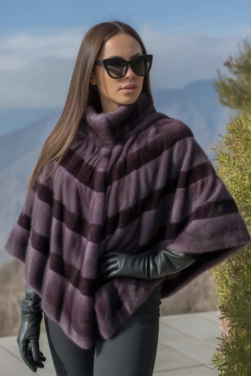 Fashion Cozy Outfit for Winter 2025 2026 Purple Fur Poncho with Leather Gloves