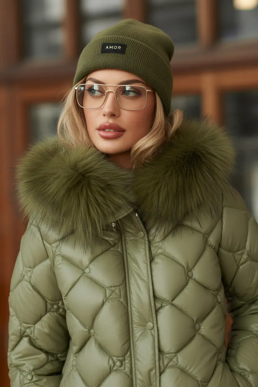 Fashion Cozy Outfit for Winter 2025 2026 Olive Puffer with Matching Fur Hood