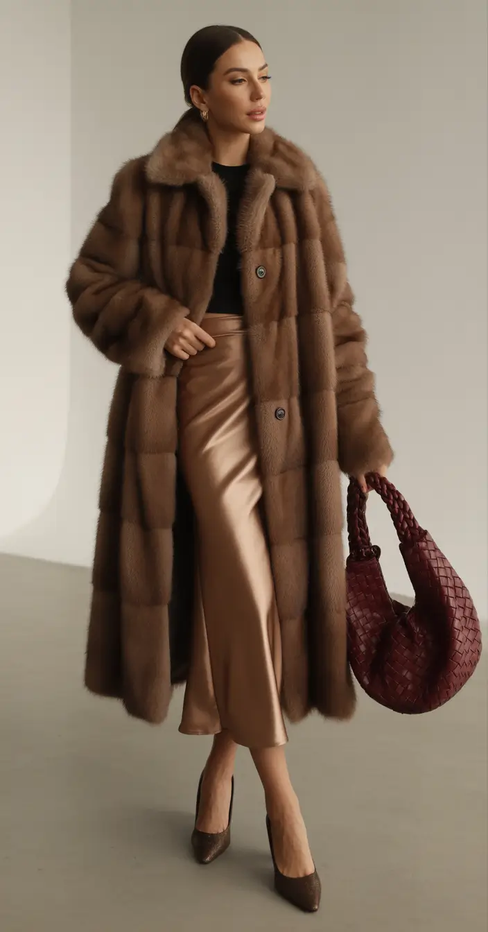 Fashion Cozy Outfit for Winter 2025 2026 Classic Long Brown Fur Coat with Satin Skirt