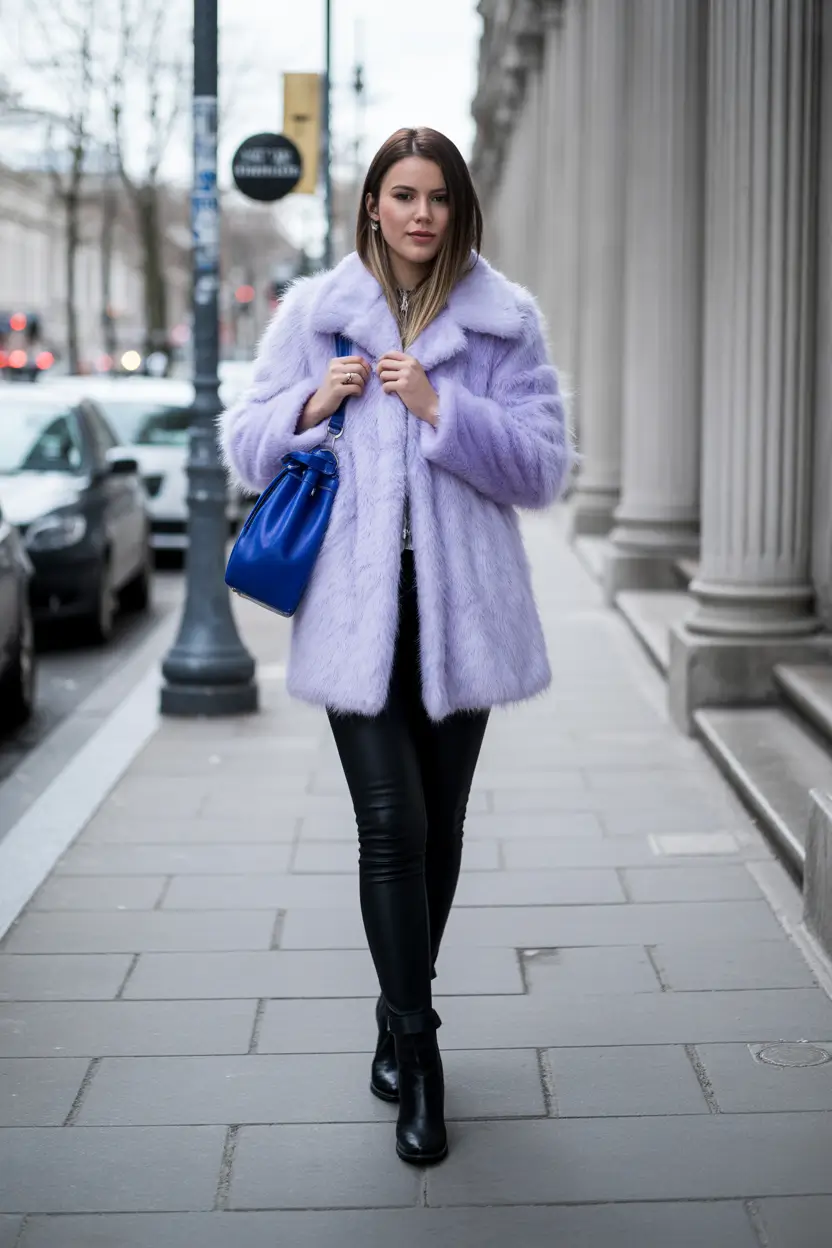 Fashion Cozy Outfit for Winter 2025 2026 Lavender Faux Fur with Black Pants