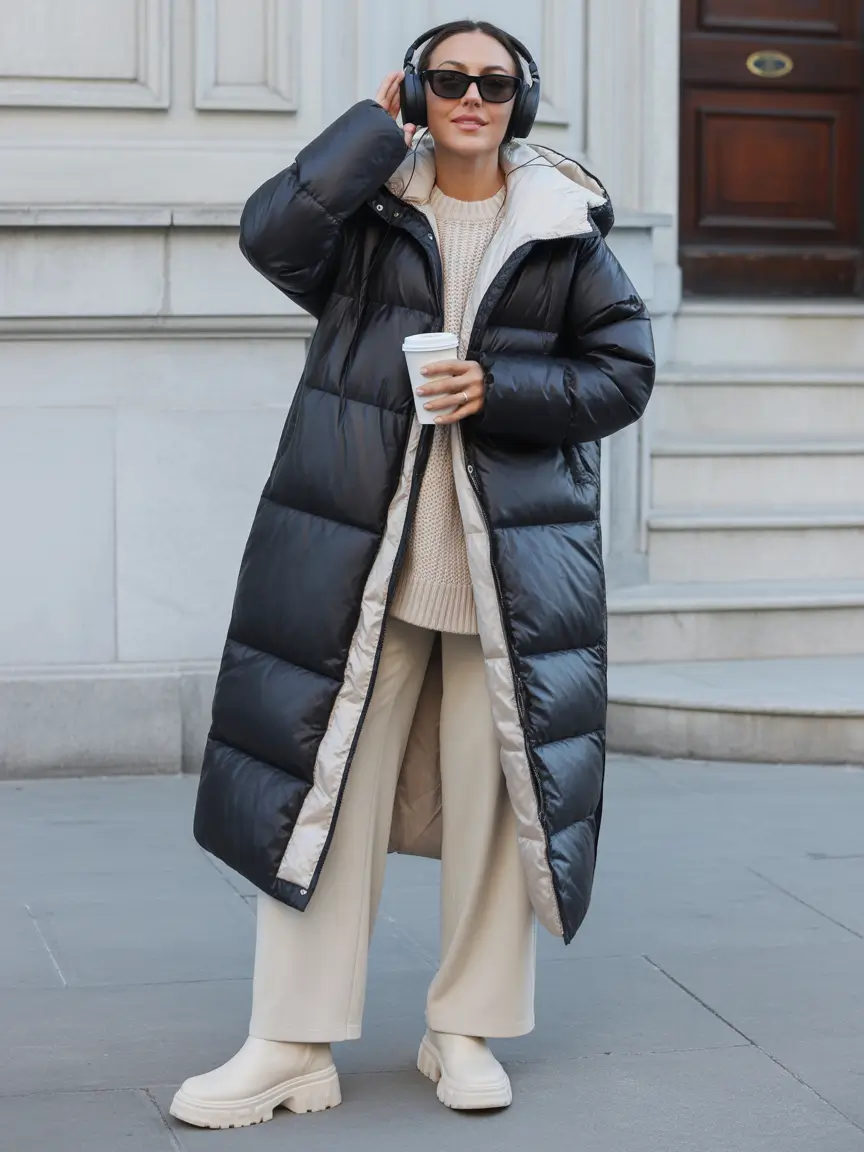 Fashion Cozy Outfit for Winter 2025 2026 Oversized Black Puffer with Neutral Layers