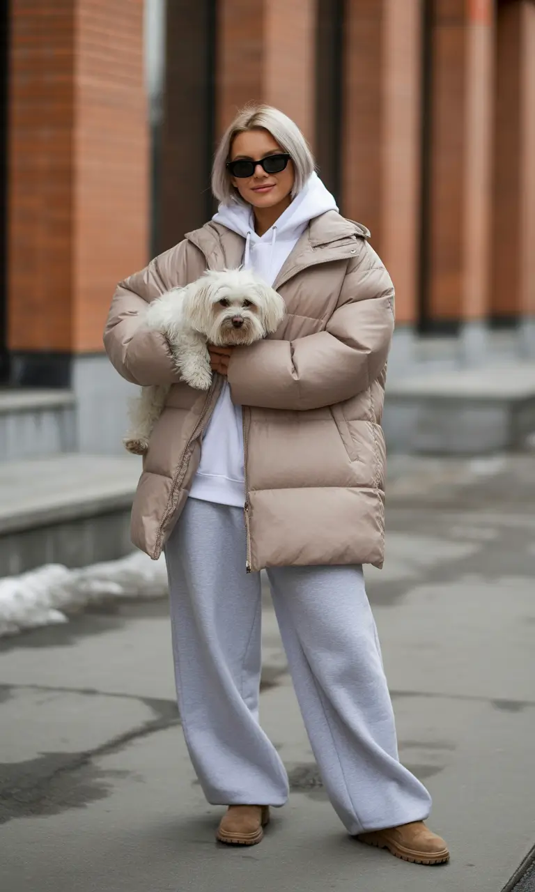 Fashion Cozy Outfit for Winter 2025 2026 Beige Puffer with Relaxed Sweatpants