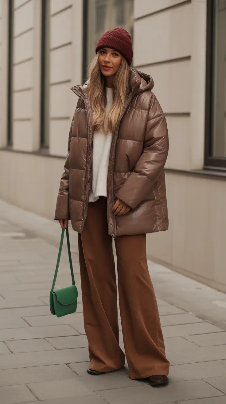 Fashion Cozy Outfit for Winter 2025 2026 Glossy Brown Puffer with Wide Pants