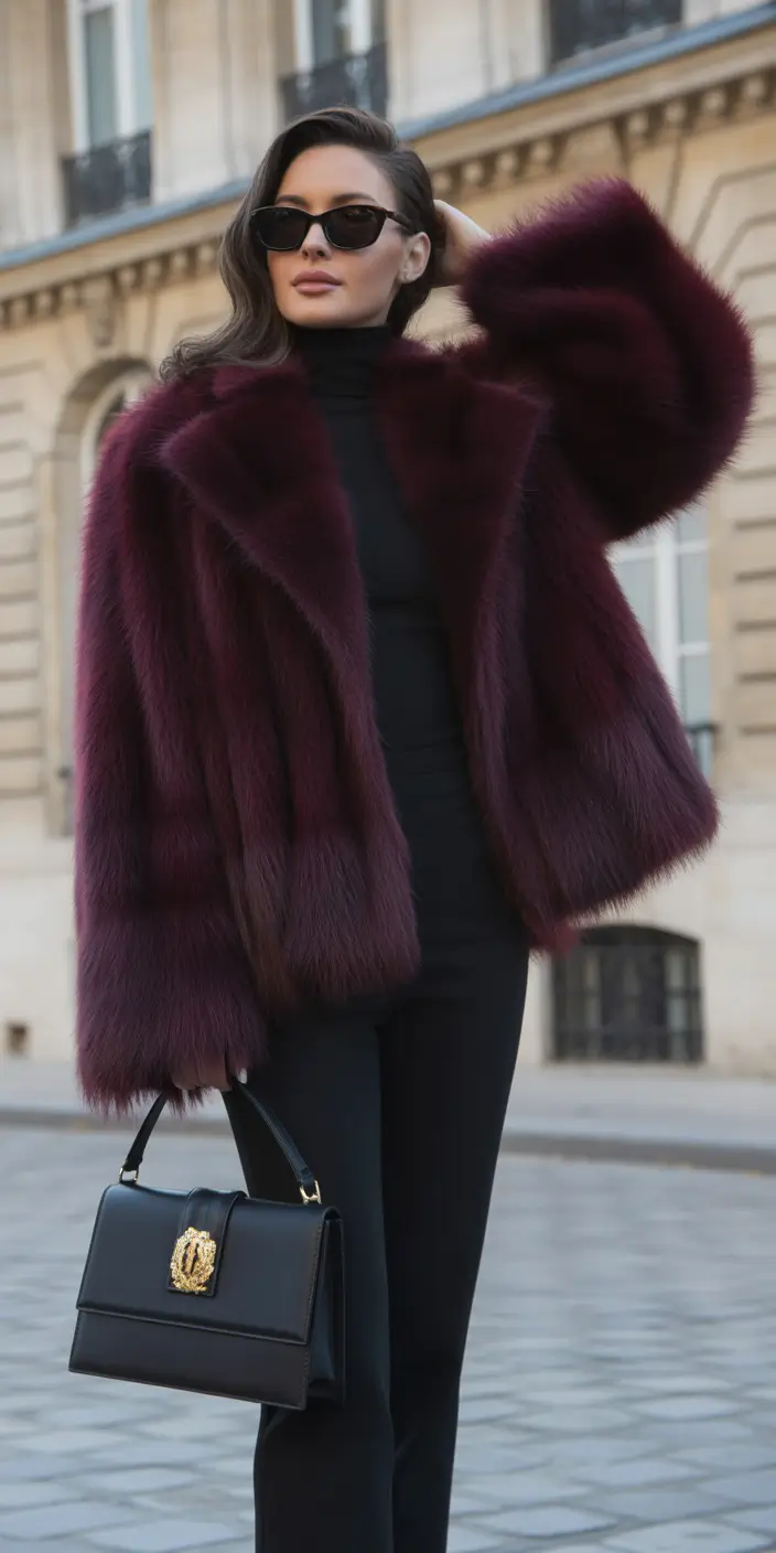 Fashion Cozy Outfit for Winter 2025 2026 Wine Red Faux Fur with Black Monochrome