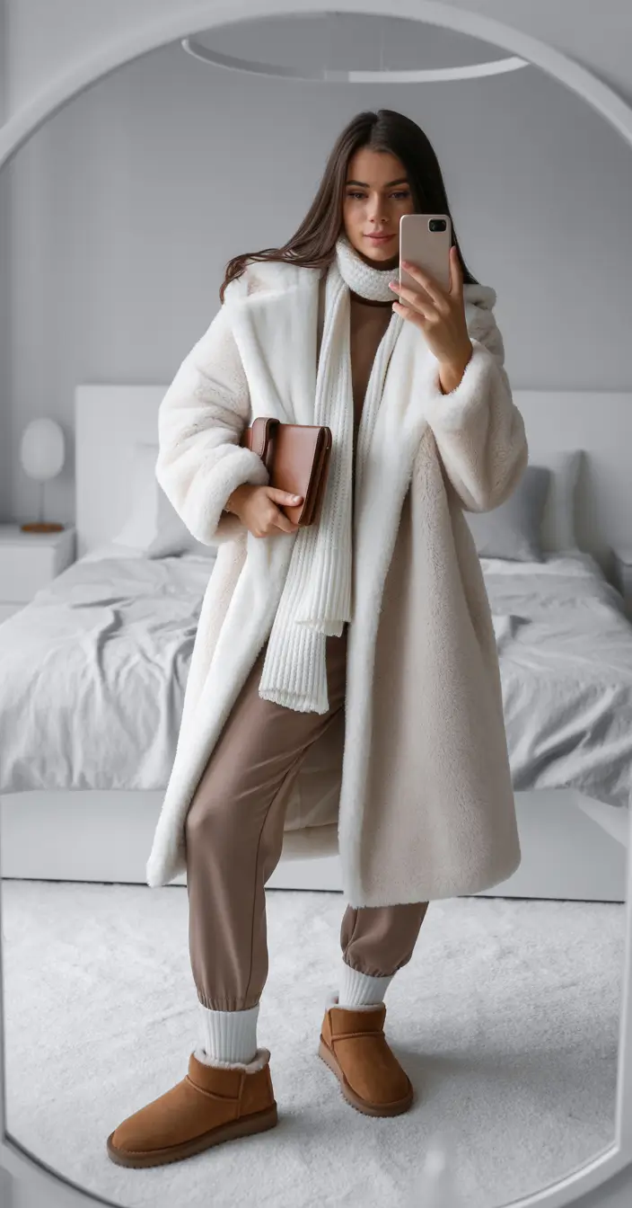 Fashion Cozy Outfit for Winter 2025 2026 White Cozy Maxi Coat with Neutral Loungewear