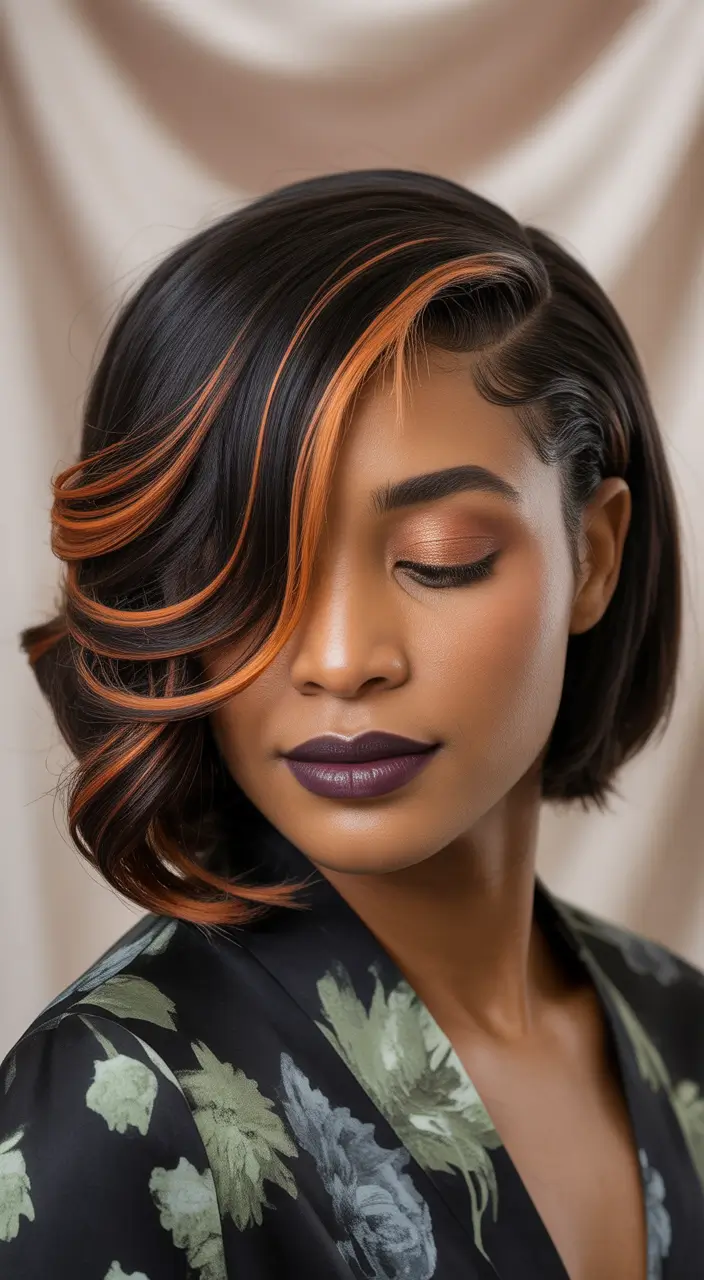 Winter Hairstyles & Hair Color 2025-2026 Black Bob Copper Streaks