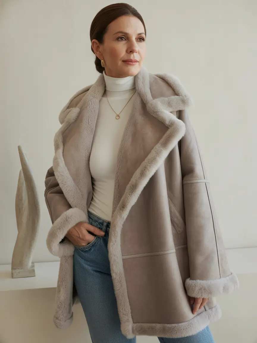 modern winter outfits 2025 / 2026 for 60+ women relaxed shearling warmth