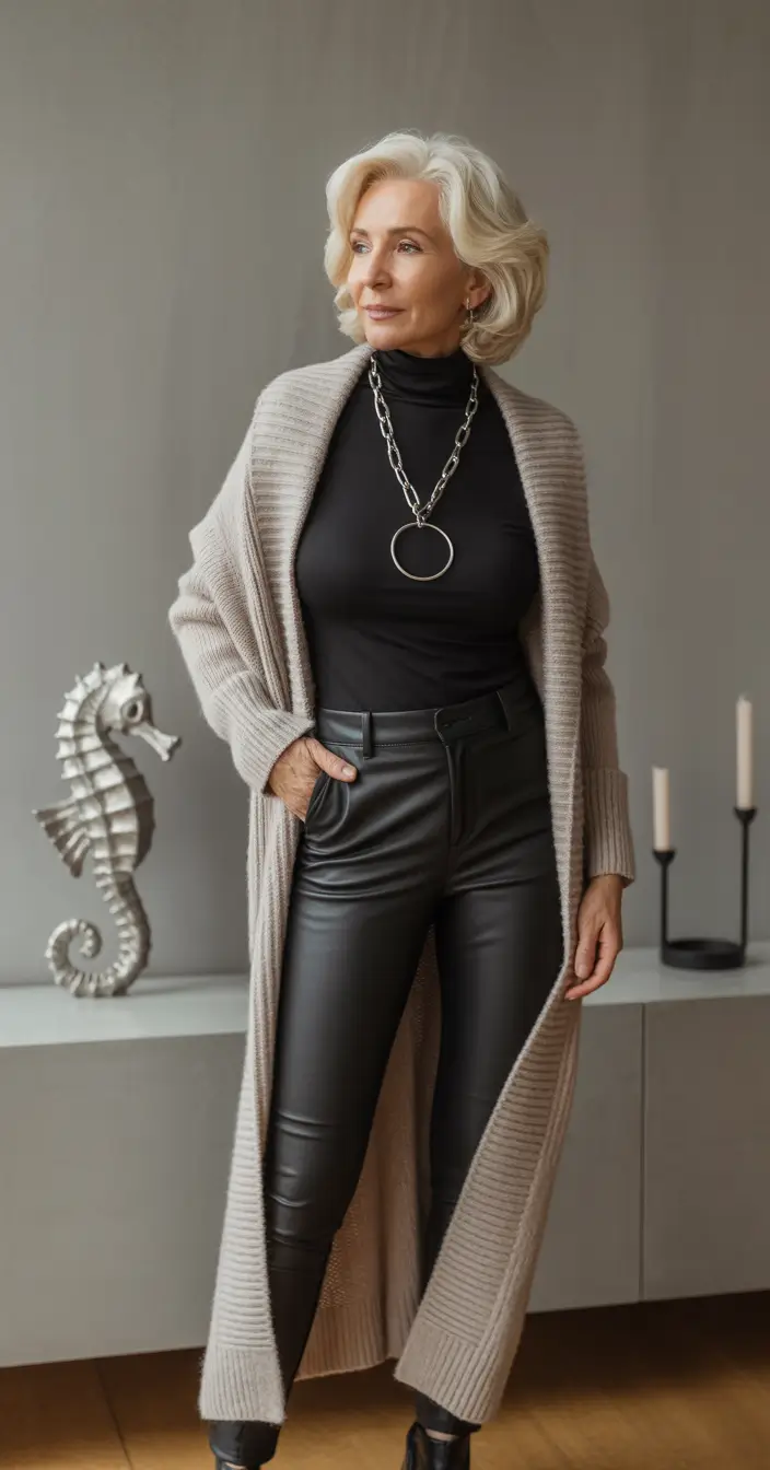 modern winter outfits 2025 / 2026 for 60+ women modern longline cardigan edge