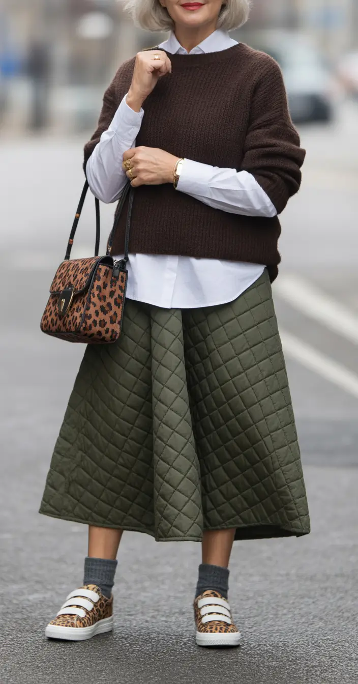 modern winter outfits 2025 / 2026 for 60+ women playful quilted skirt styling