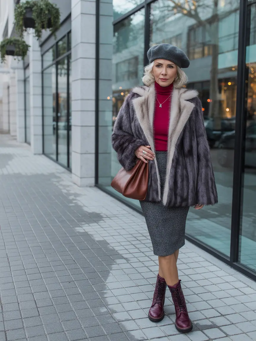 modern winter outfits 2025 / 2026 for 60+ women parisian flair in gray and burgundy