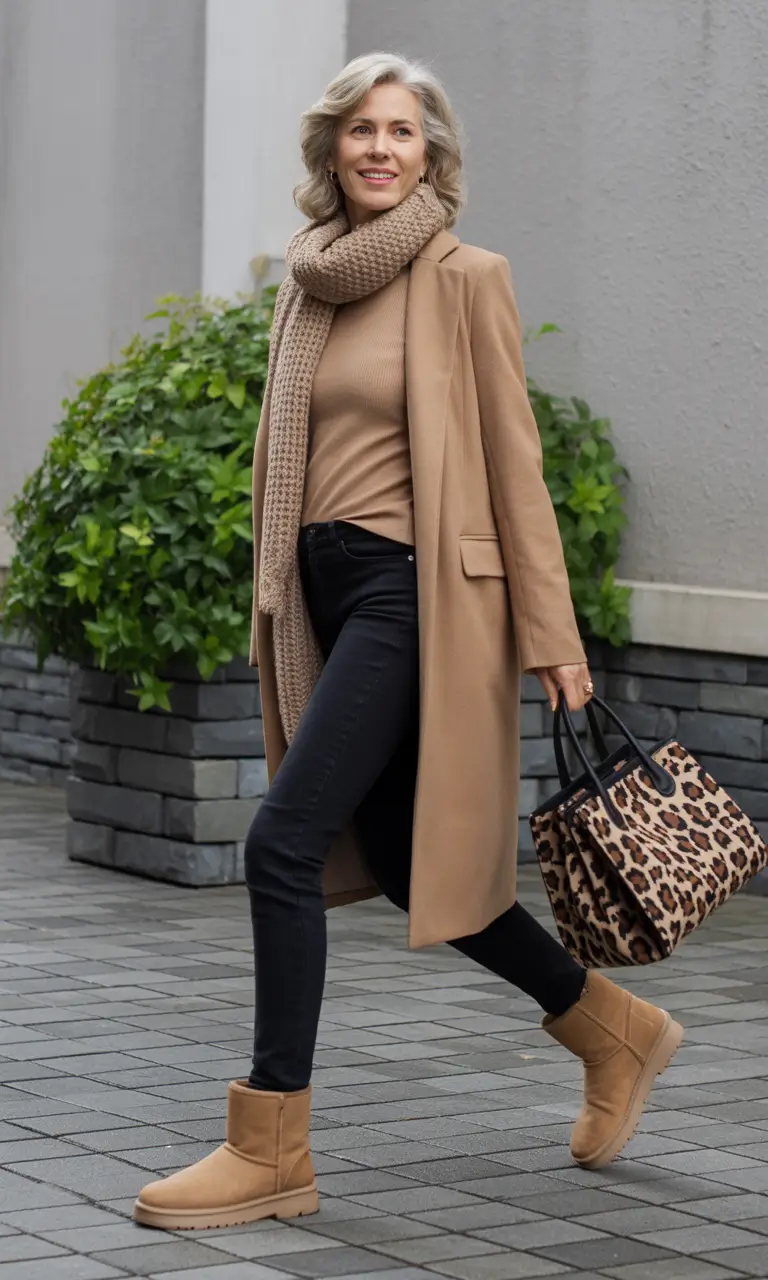 modern winter outfits 2025 / 2026 for 60+ women everyday chic with leopard accents