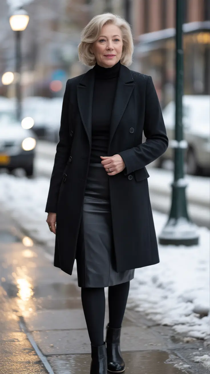 modern winter outfits 2025 / 2026 for 60+ women timeless black sophistication