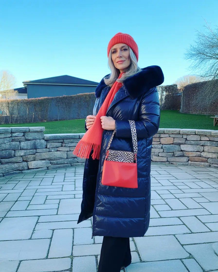 modern winter outfits 2025 / 2026 for 60+ women bold navy and red winter layers