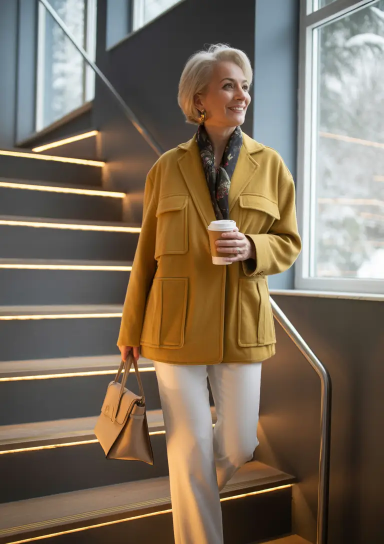 modern winter outfits 2025 / 2026 for 60+ women golden mustard charm