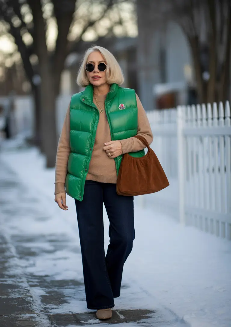 modern winter outfits 2025 / 2026 for 60+ women pop of green in winter neutrals