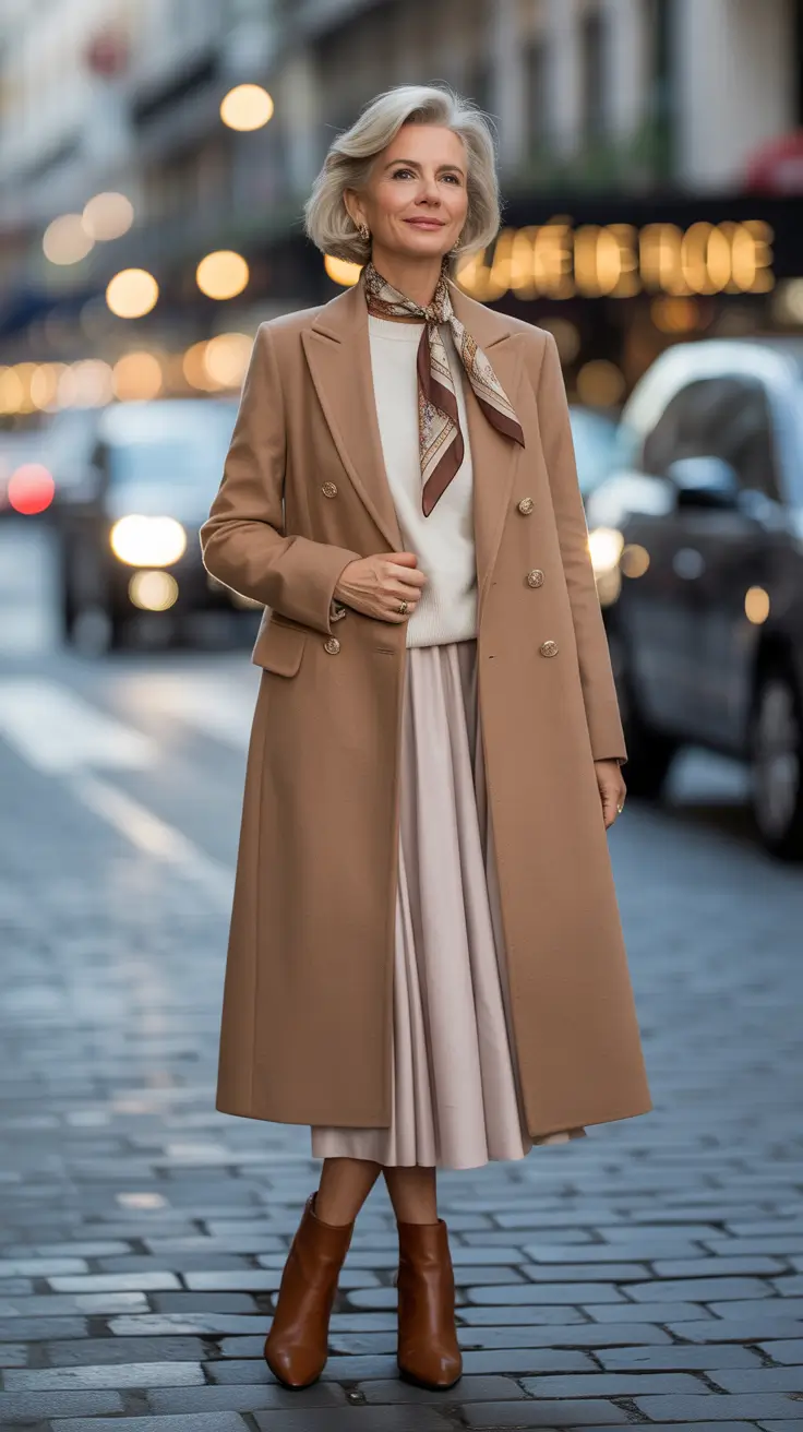 modern winter outfits 2025 / 2026 for 60+ women soft neutrals with feminine flair