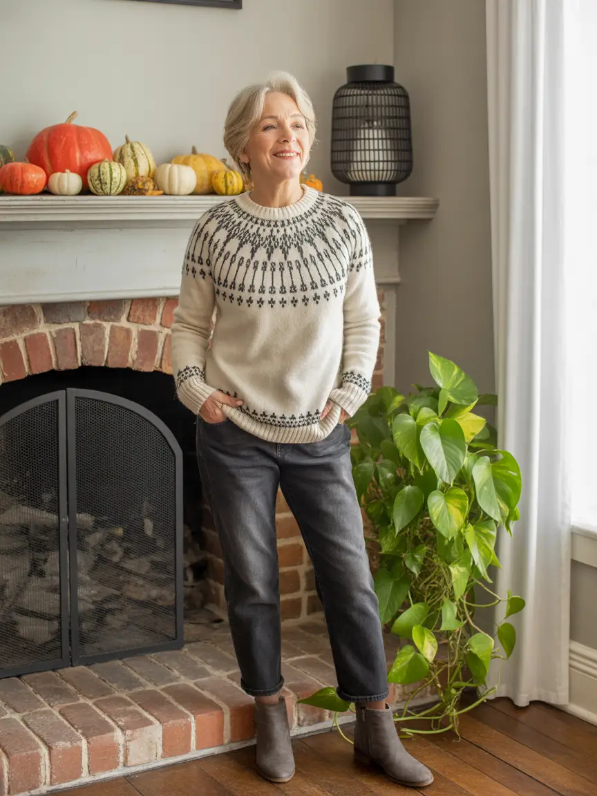 modern winter outfits 2025 / 2026 for 60+ women cozy fireplace weekend look