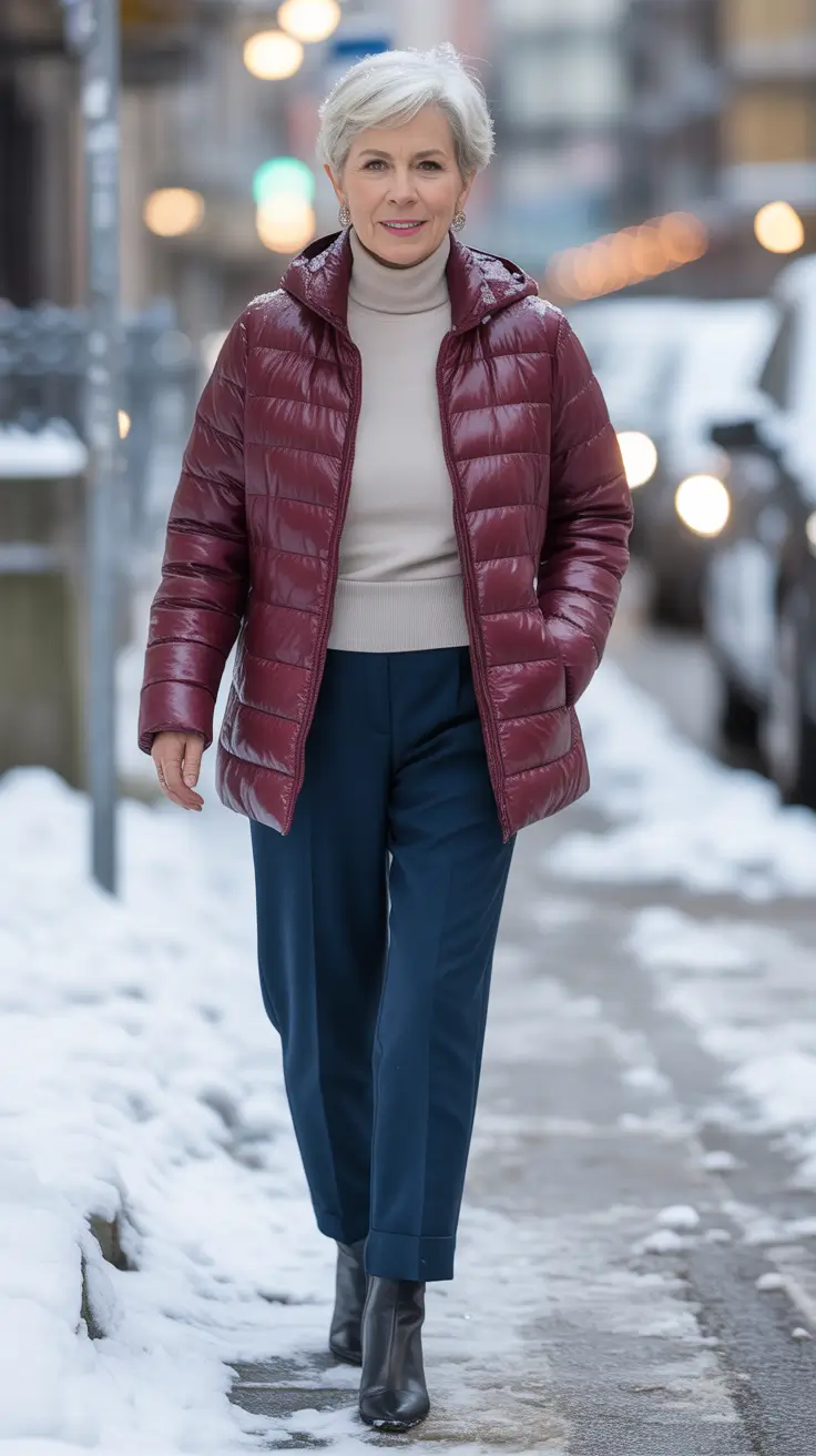 modern winter outfits 2025 / 2026 for 60+ women burgundy puffer sophistication