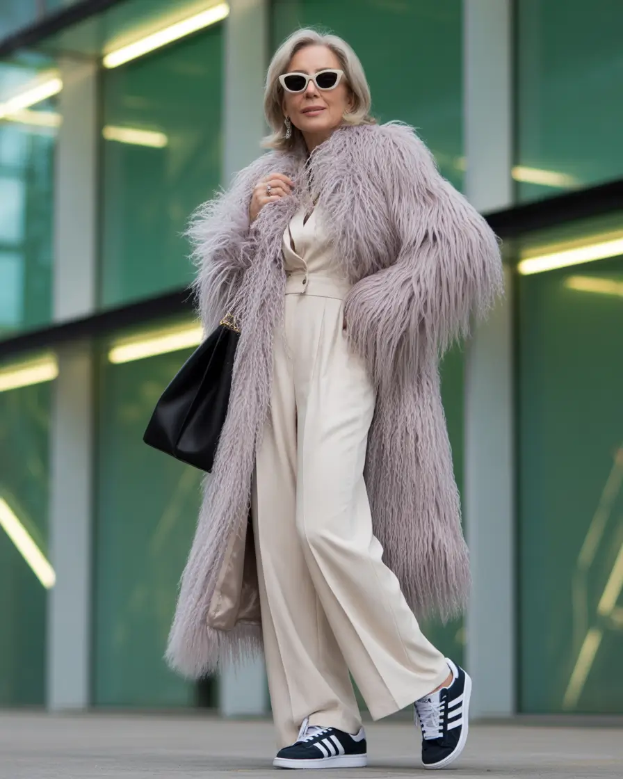 modern winter outfits 2025 / 2026 for 60+ women playful drama in lavender faux fur