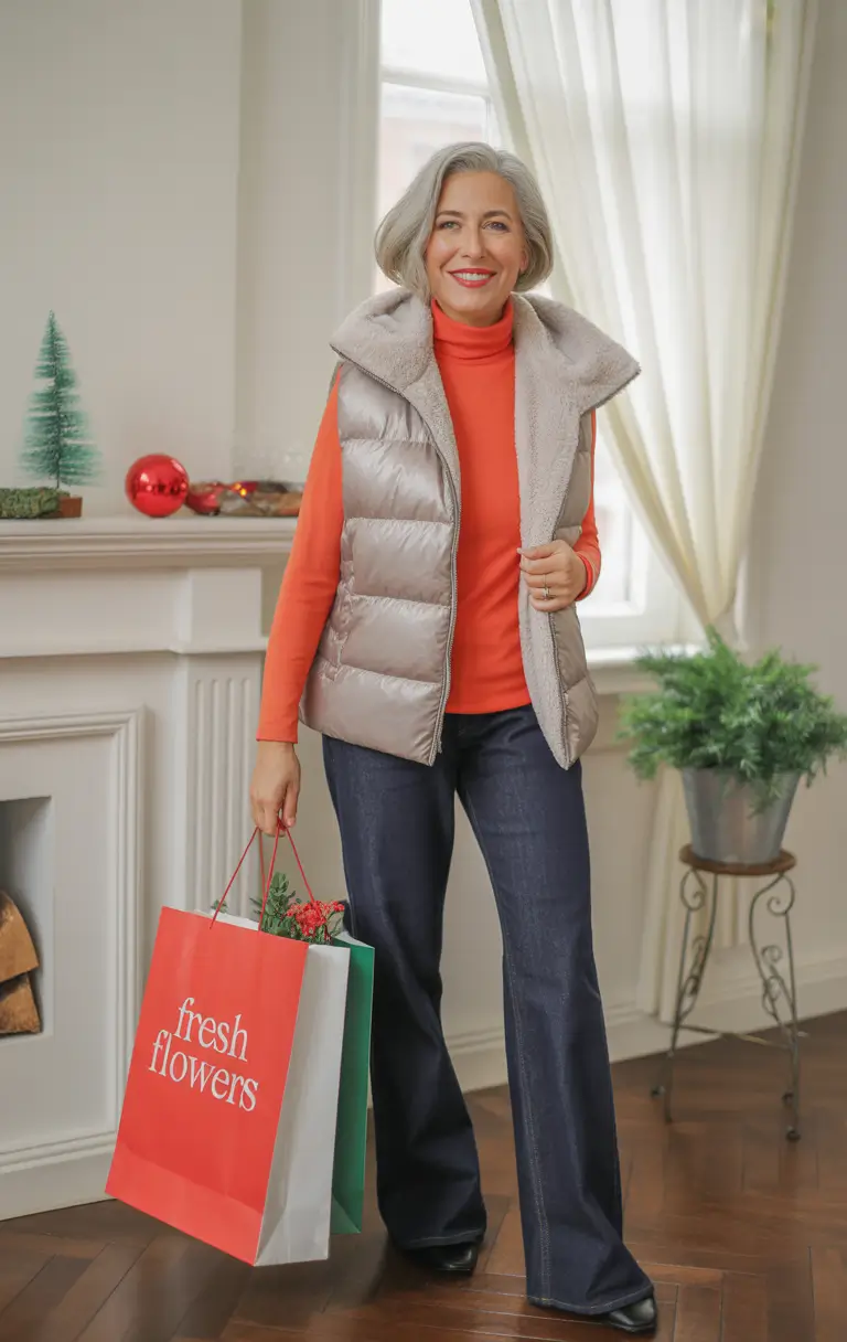 modern winter outfits 2025 / 2026 for 60+ women festive comfort with a pop of color