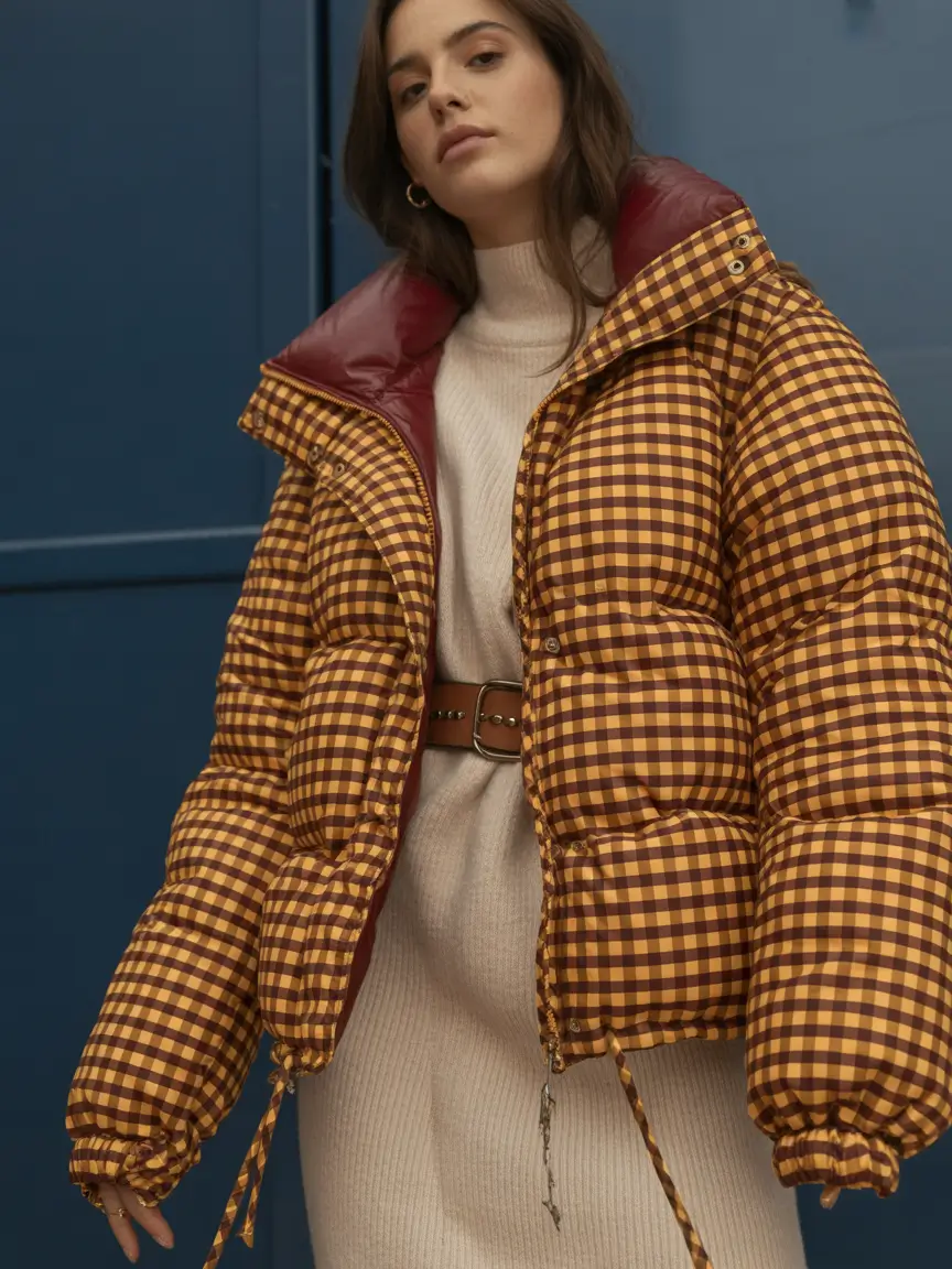 Cold weather street style Bold Checkered Puff with a Cozy Knit