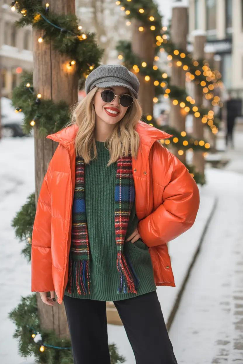Cold weather street style Festive Bright Layers