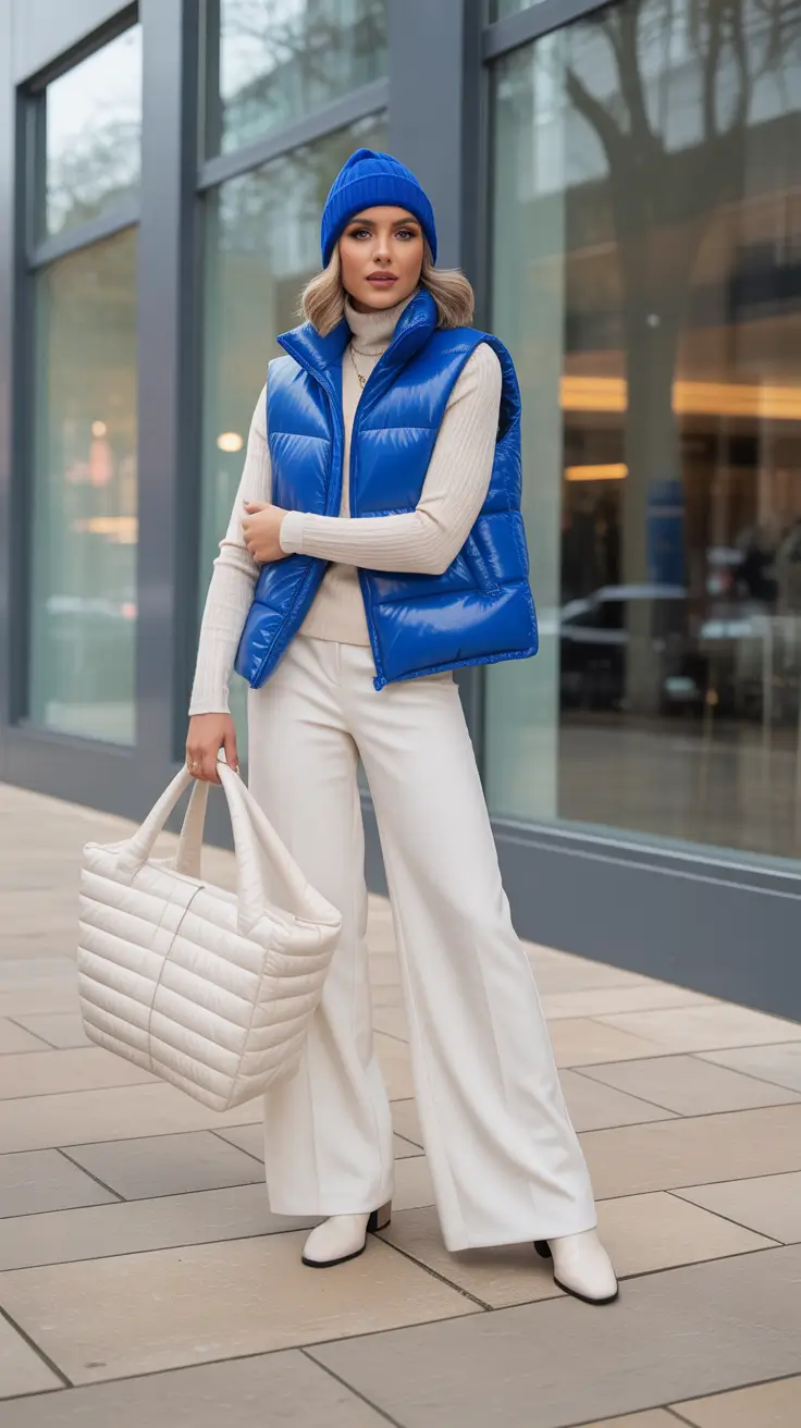 Cold weather street style Winter Whites with an Electric Pop