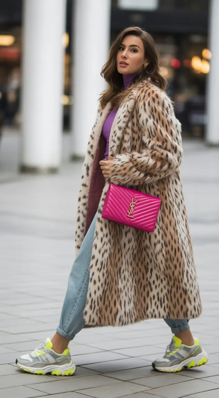 Cold weather street style Leopard Print with a Neon Twist