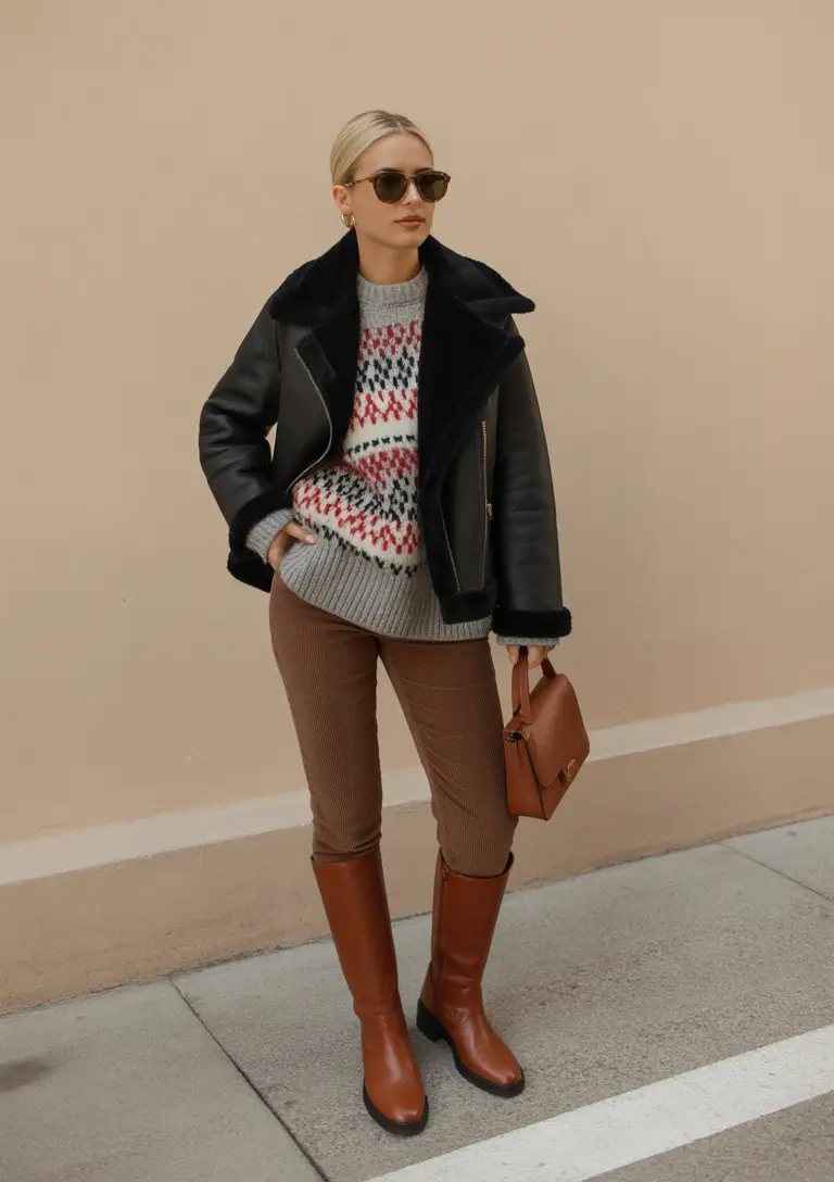 Cold weather street style Shearling Jacket with Classic Fair Isle