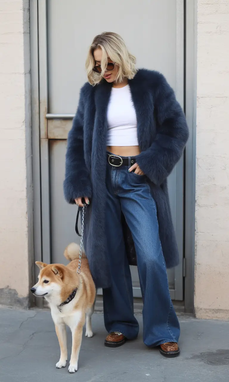 Cold weather street style Cool in Navy Faux Fur