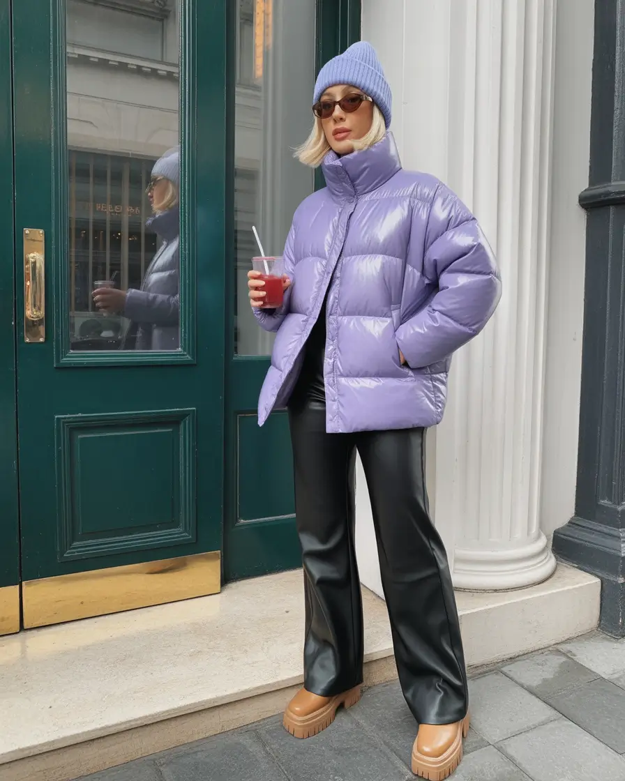 Cold weather street style Purple Puff Meets Sleek Leather