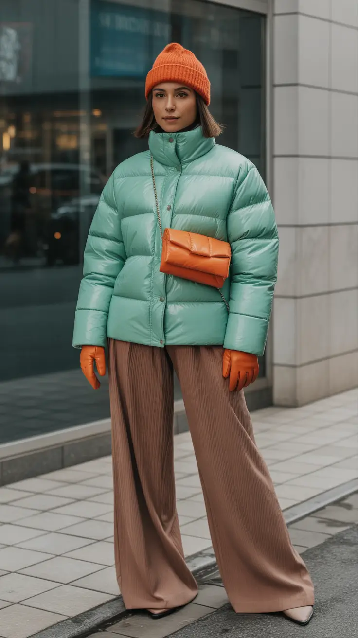 Cold weather street style Mint and Tangerine Pop