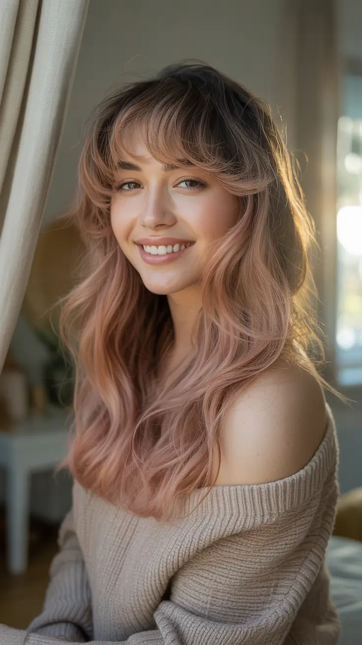 October 2025 Hair Color Trends Dusty Rose with Bangs