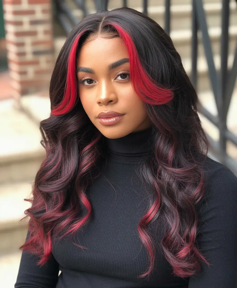 October 2025 Hair Color Trends Fiery Red Streaks on Deep Brunettes