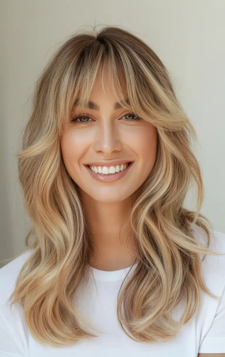 October 2025 Hair Color Trends Golden Honey Blonde with Fringe
