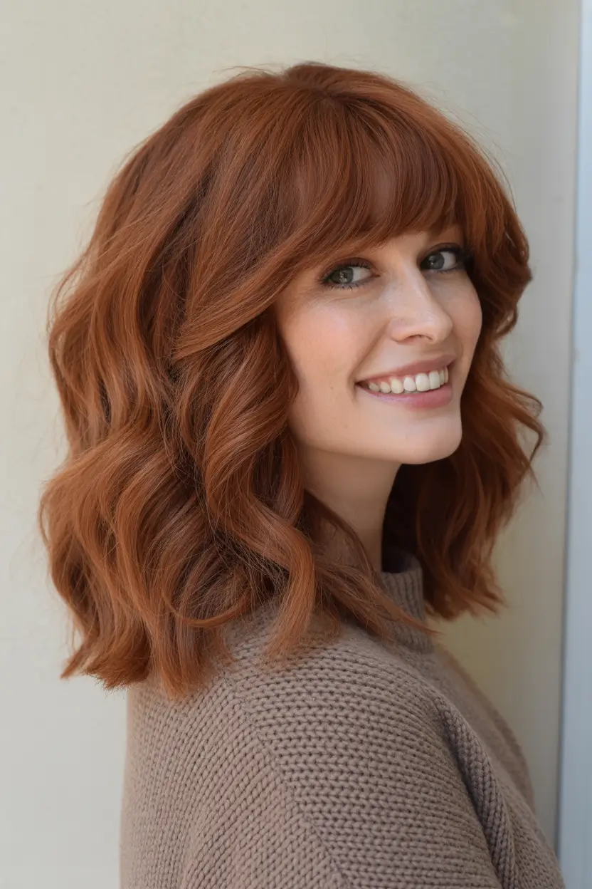 October 2025 Hair Color Trends Rusty Auburn with Bangs