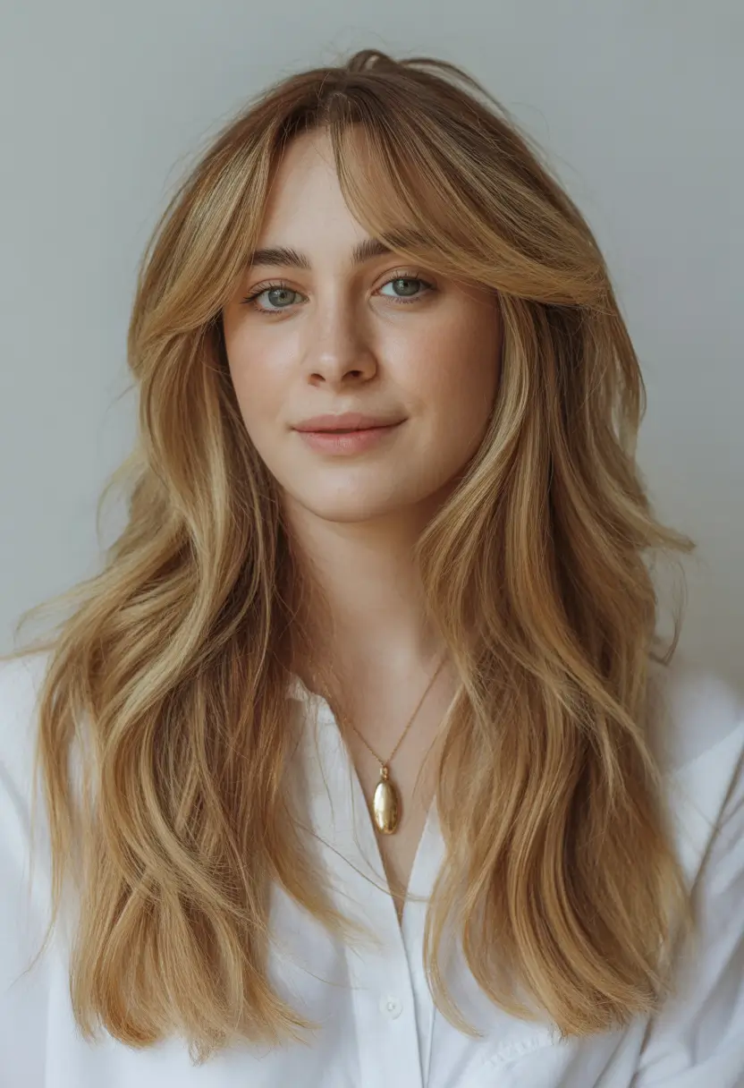 October 2025 Hair Color Trends Golden Blonde Layers with Curtain Bangs
