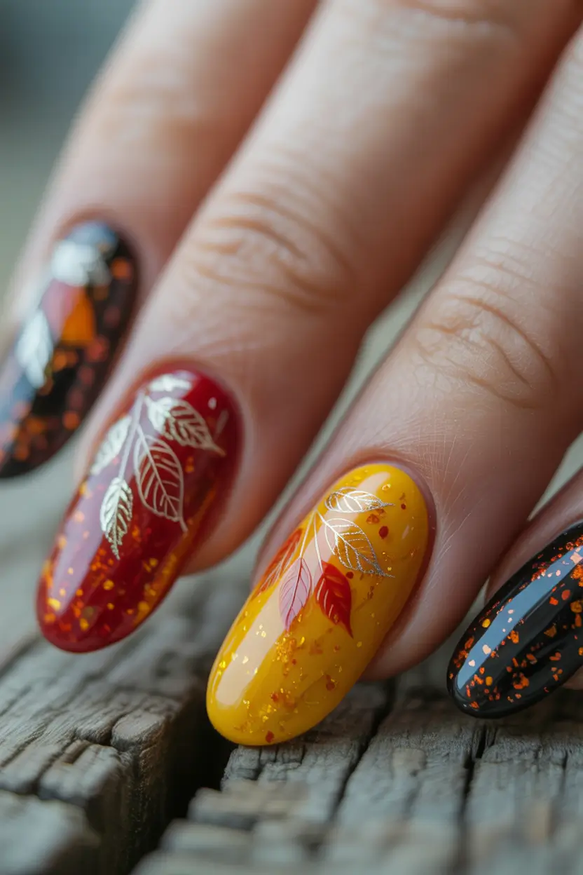 October 2025 Nail Colors Ideas Golden Autumn Leaf Layers