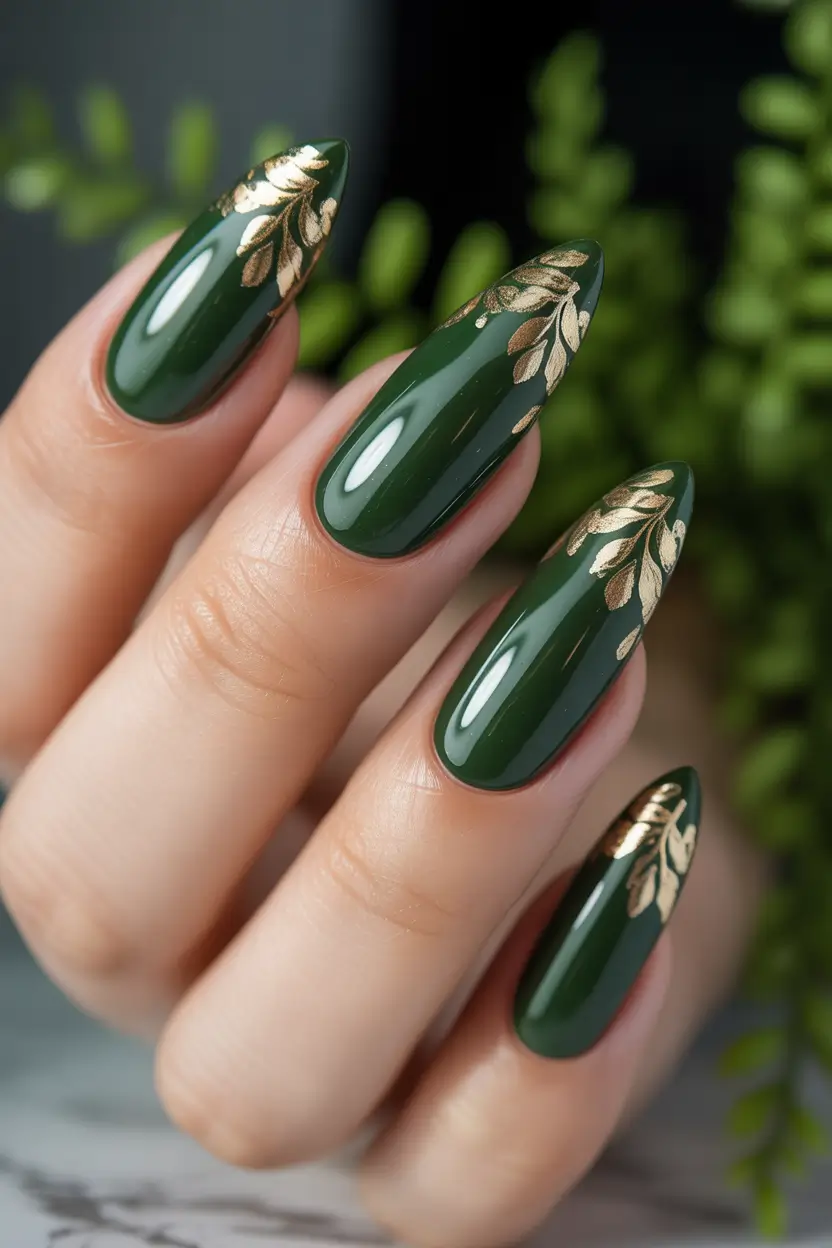 October 2025 Nail Colors Ideas Deep Forest Green With Gold Accents
