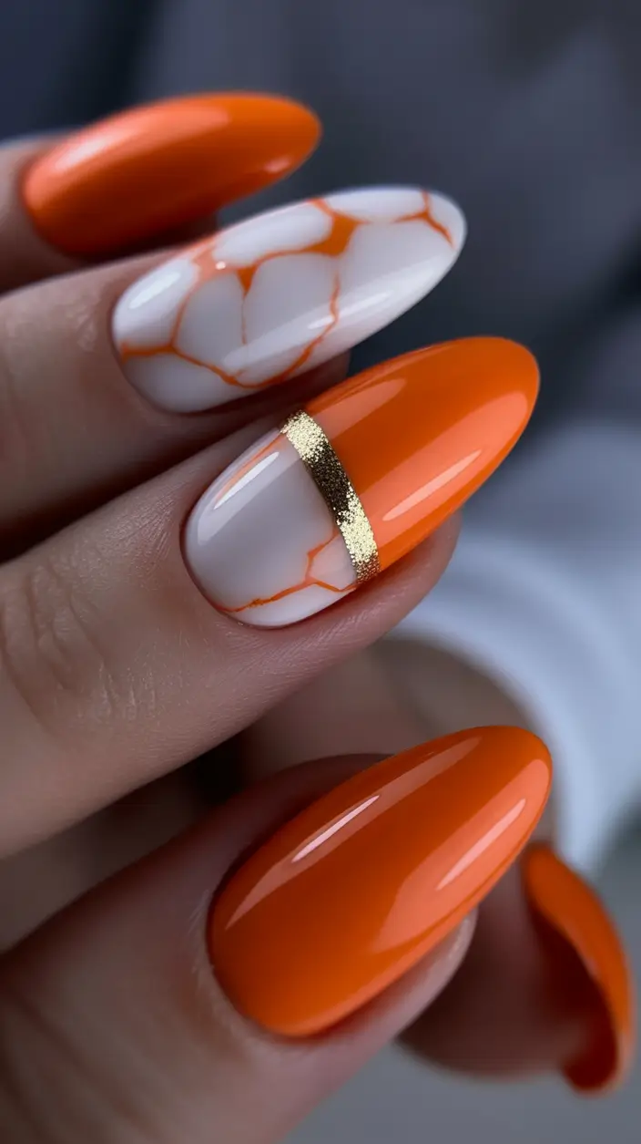 October 2025 Nail Colors Ideas Bright Pumpkin Orange With Marble Touch