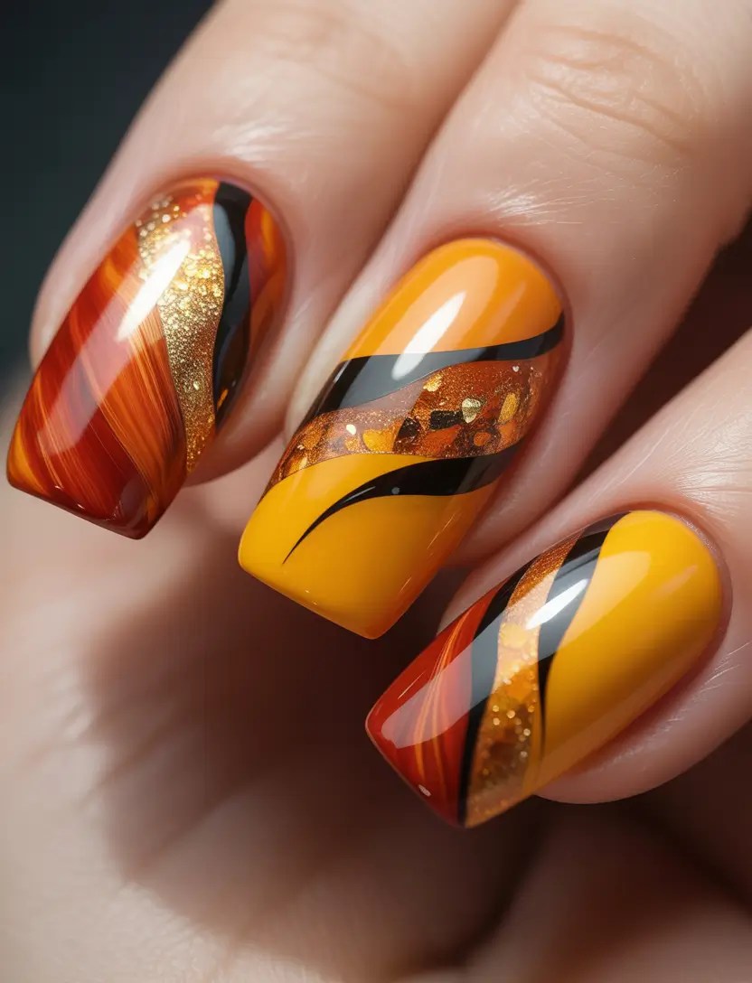 October 2025 Nail Colors Ideas Amber and Gold Waves