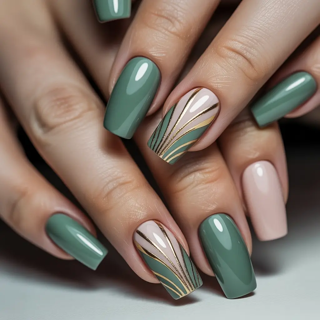 October 2025 Nail Colors Ideas Elegant Green With Gold Lines