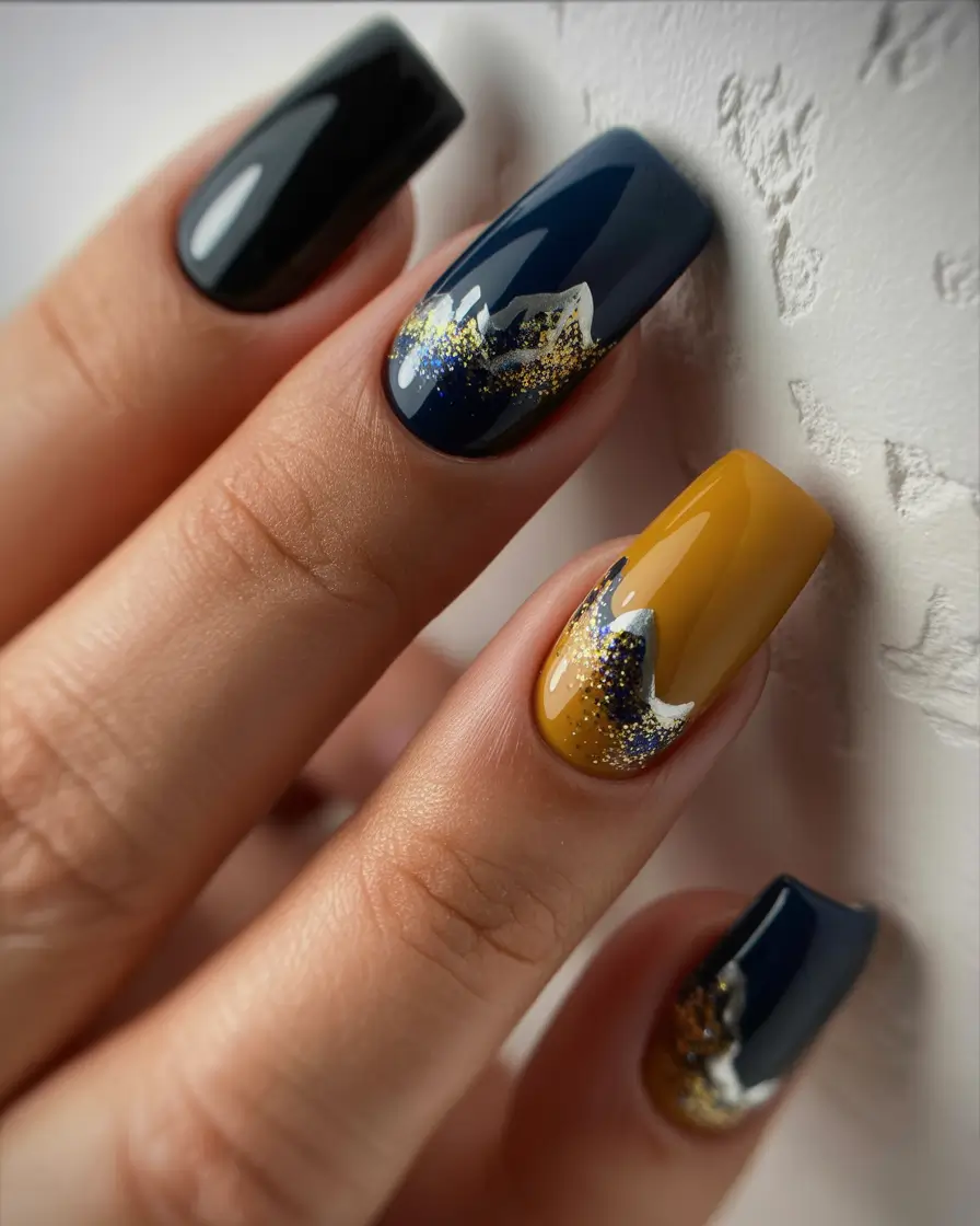 October 2025 Nail Colors Ideas Midnight Spark with Mustard