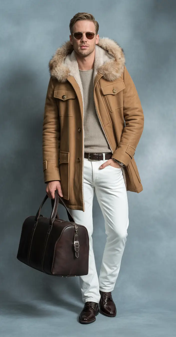 Outfit Ideas for Men Winter 2025 - 2026 Travel-Ready Shearling Elegance